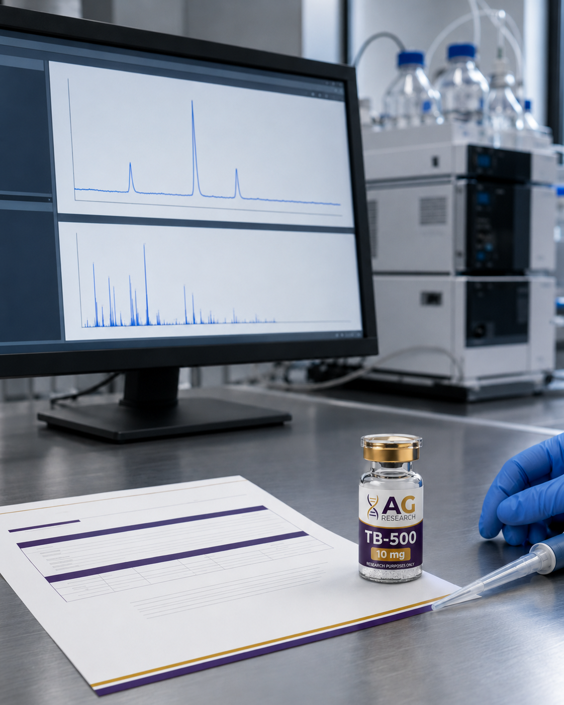 HPLC purity analysis of an Alchemy Gold Research peptide vial beside its Certificate of Analysis on the lab bench