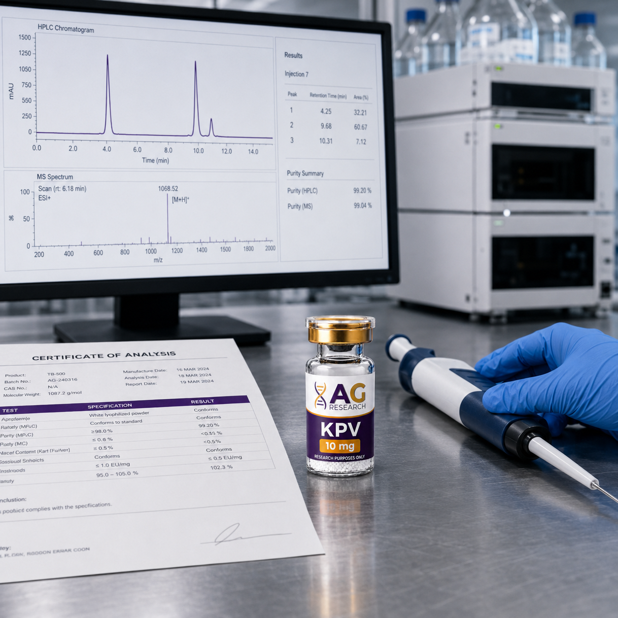 HPLC and mass-spec verification of an AG Research compound on the lab bench