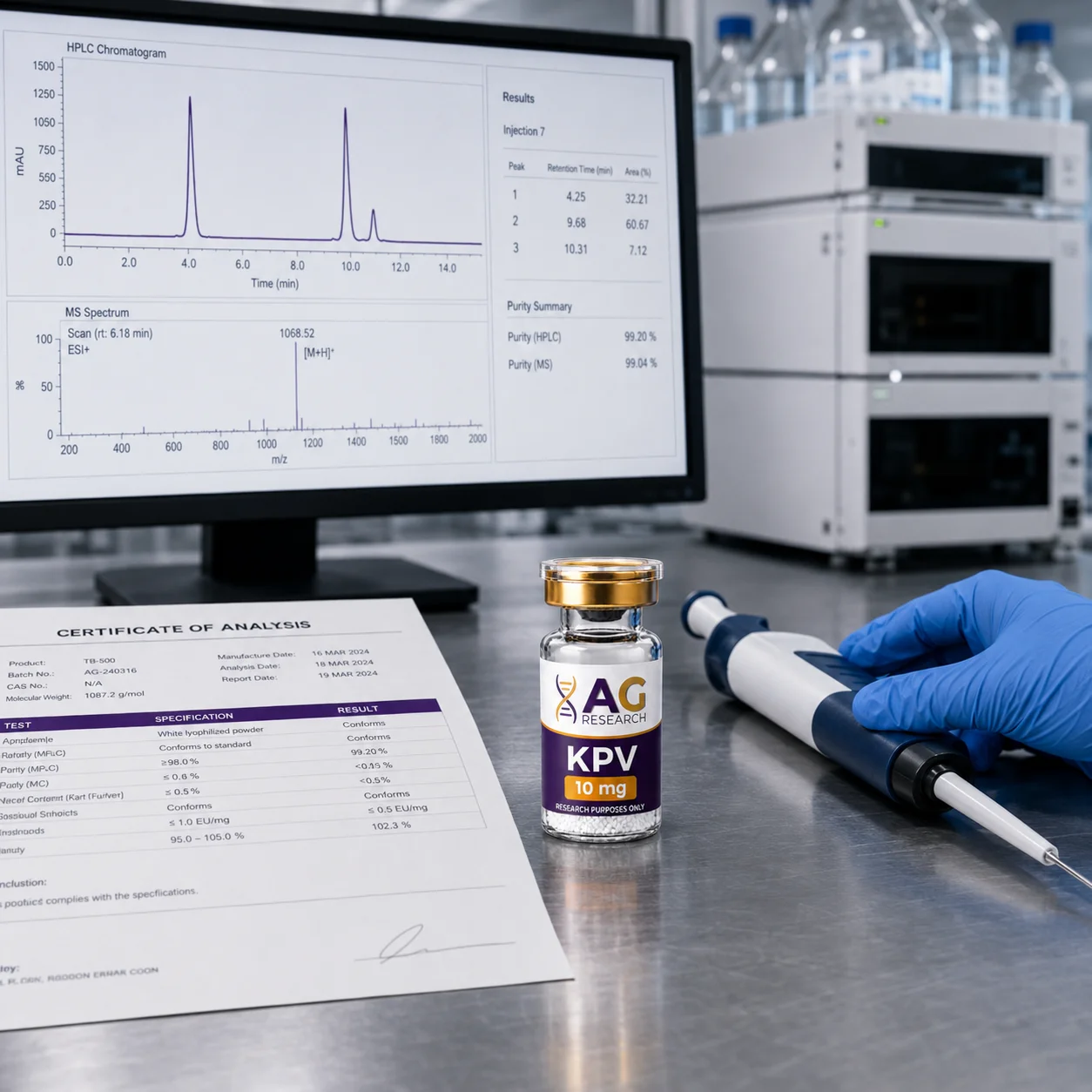 HPLC and mass-spec verification of an AG Research compound on the lab bench