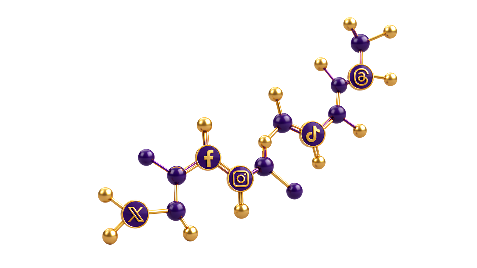 Stylized molecule rendered from social platform icons in purple and gold